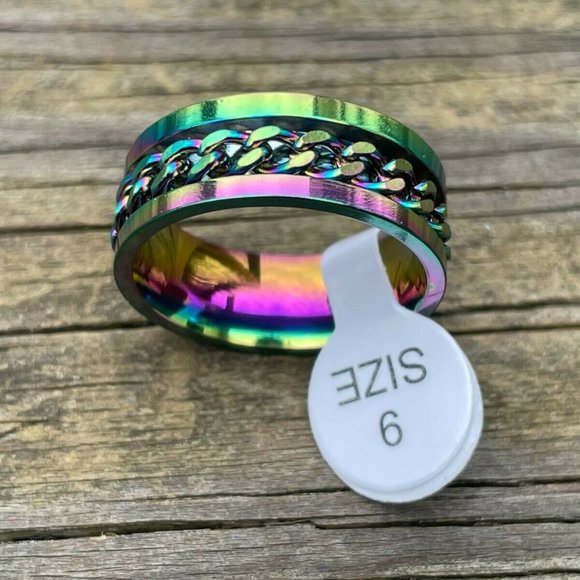 Multi Color Ring Fashion Unisex Ring Chain Style Men Women Rings Size 9 - Picture 5 of 10